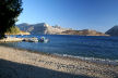 Kalymnos - looking from the beach at Emborios across the bay along the West coast of the island with the mountains behind Massouri and Myrties in the background