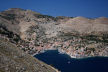 Symi - view of Yialos and the mountains behind from near the windmills on the ridge